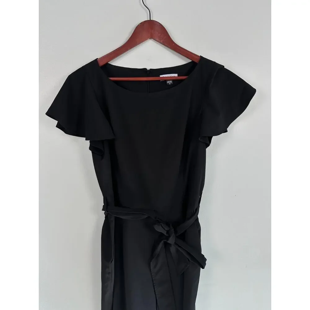 Calvin Klein Womens Flutter Sleeve Belted Jumpsuit Black Size 12 Cropped